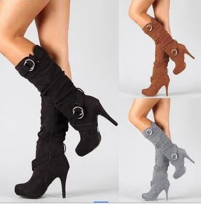 2022 Women Boots Autumn New High Heels Knight Boots Fashion Retro Belt Buckle Knee High Boots Female Long Boots Plus Size 43