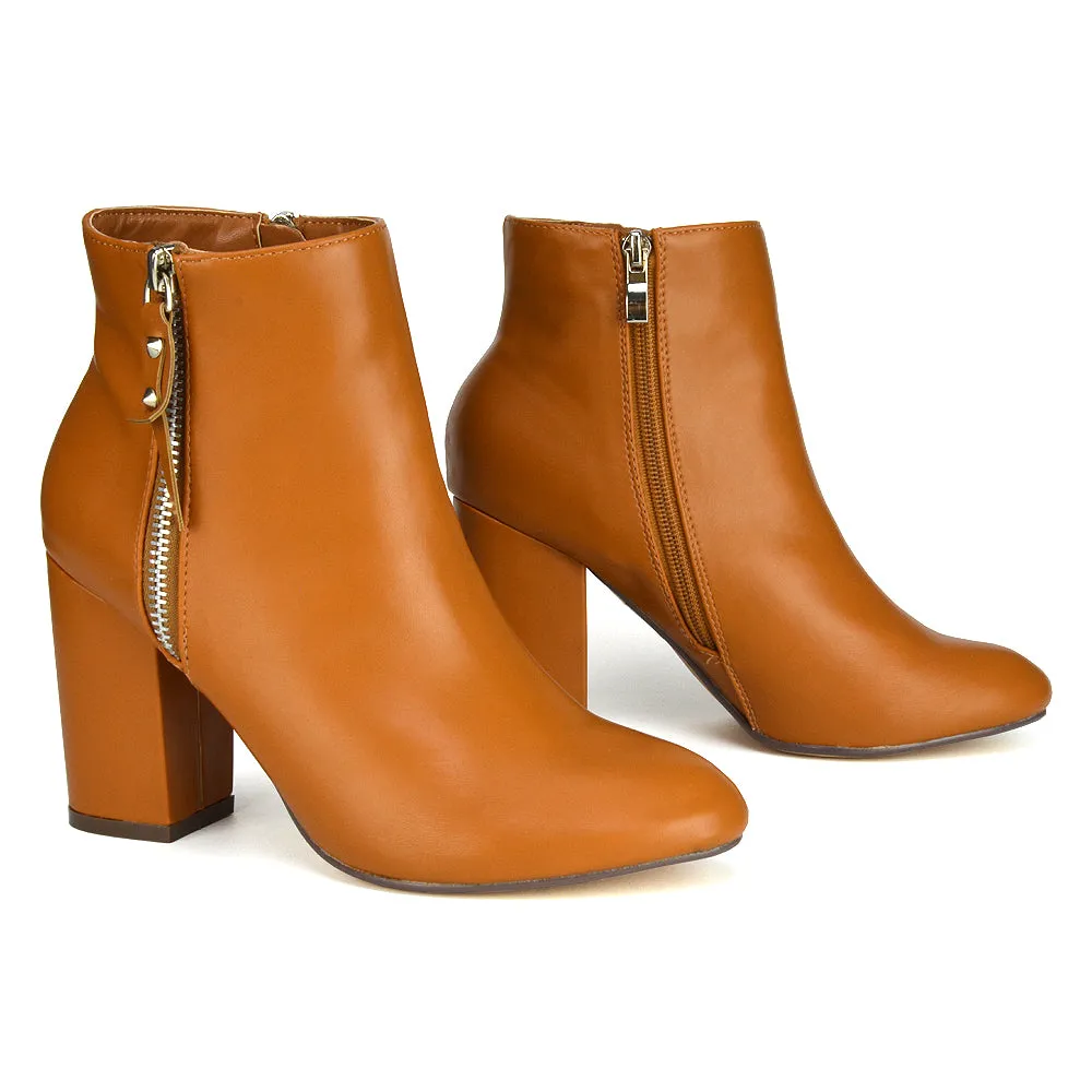 Andrea Pointed Toe Zip Up Statement High Block Heel Ankle Boots In Tan Synthetic Leather