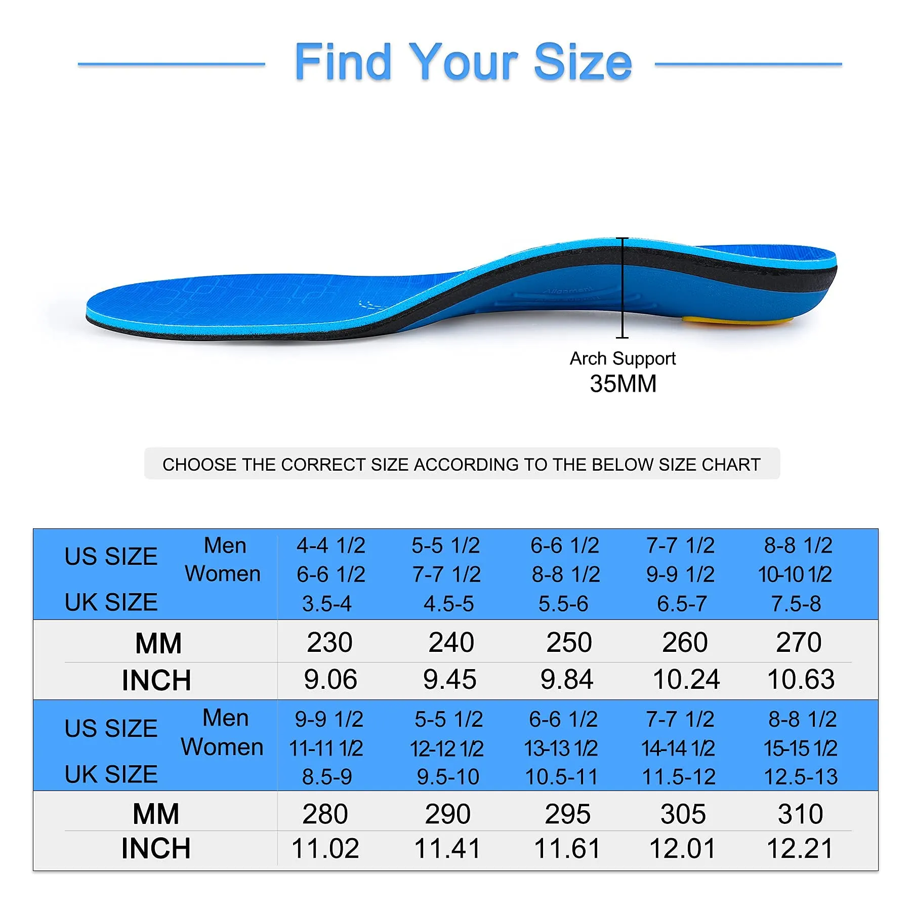 Arch Support Insertion Plantar Fasciitis Relieves Insoles Flat Feet Orthopedic Insoles Shock Absorption Comfortable Inserts MEN (7-7 1/2) | WOMEN (9-9 1/2) --260MM-10.25" Blue