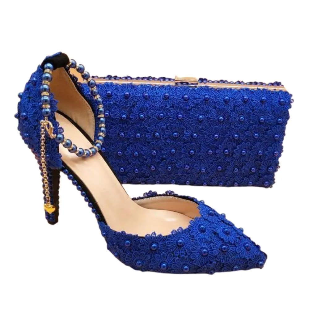 BAYA Women's Fashion Elegant Royal Blue Flower Lace Design Wedding Shoes with Matching Handbag