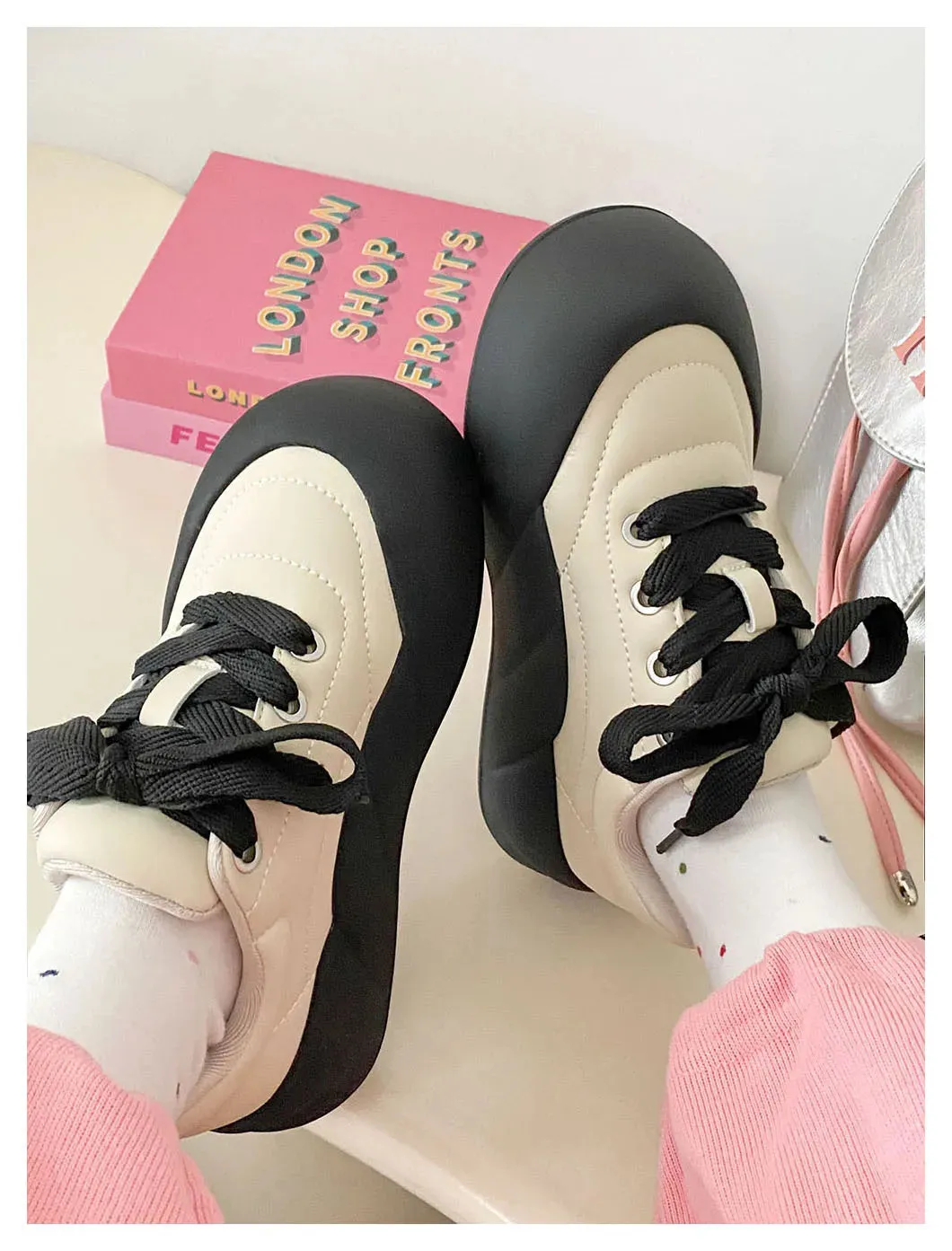 binfenxie Round Toe Thick Sole Sponge Cake Sole Dad Shoes with Mesh Surface for Breathability Comfort Fashion Versatile Casual Board Shoes