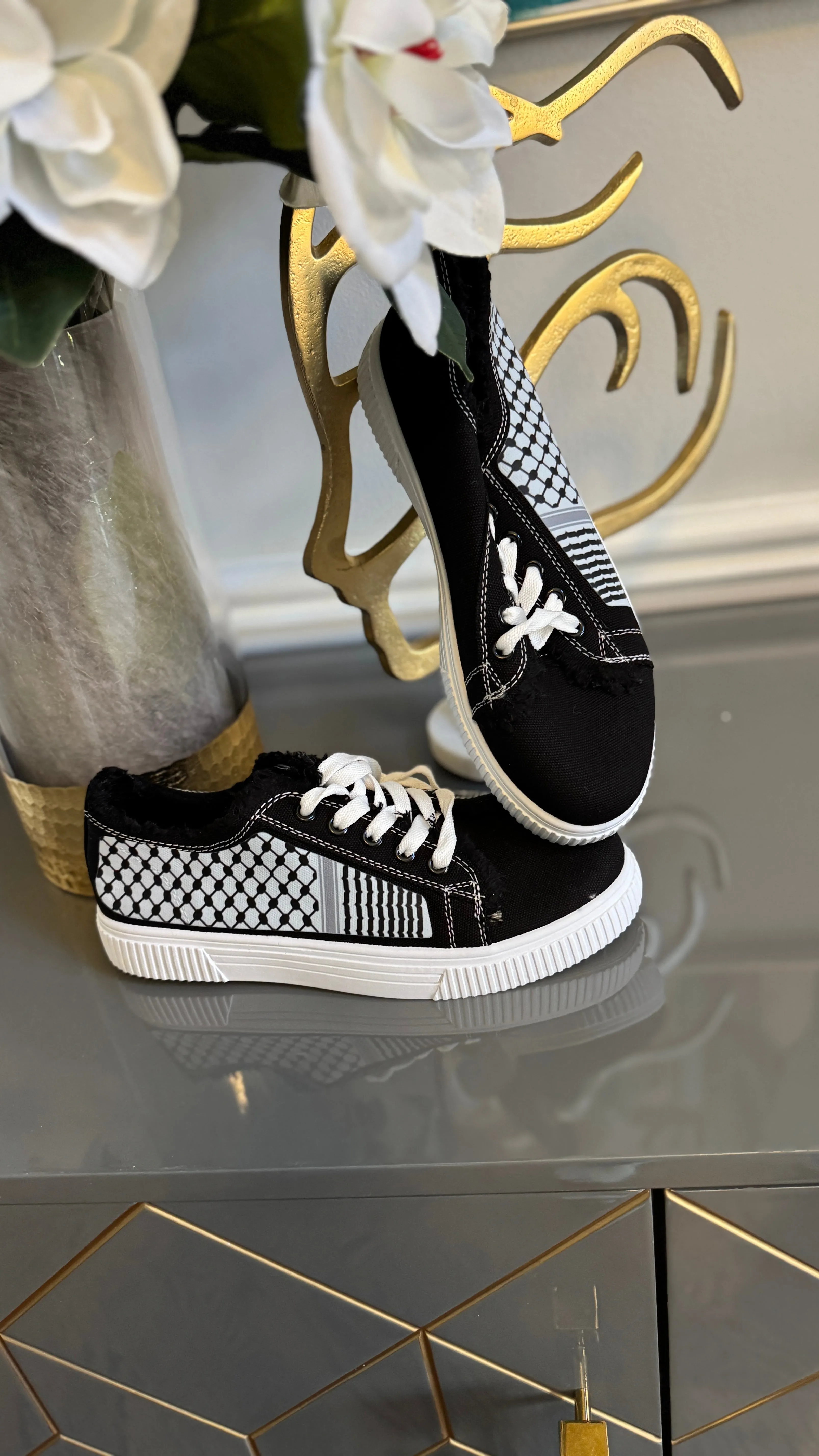 Black and White Canvas Sneakers, designed with black and White keffiyeh Kuffiyeh.