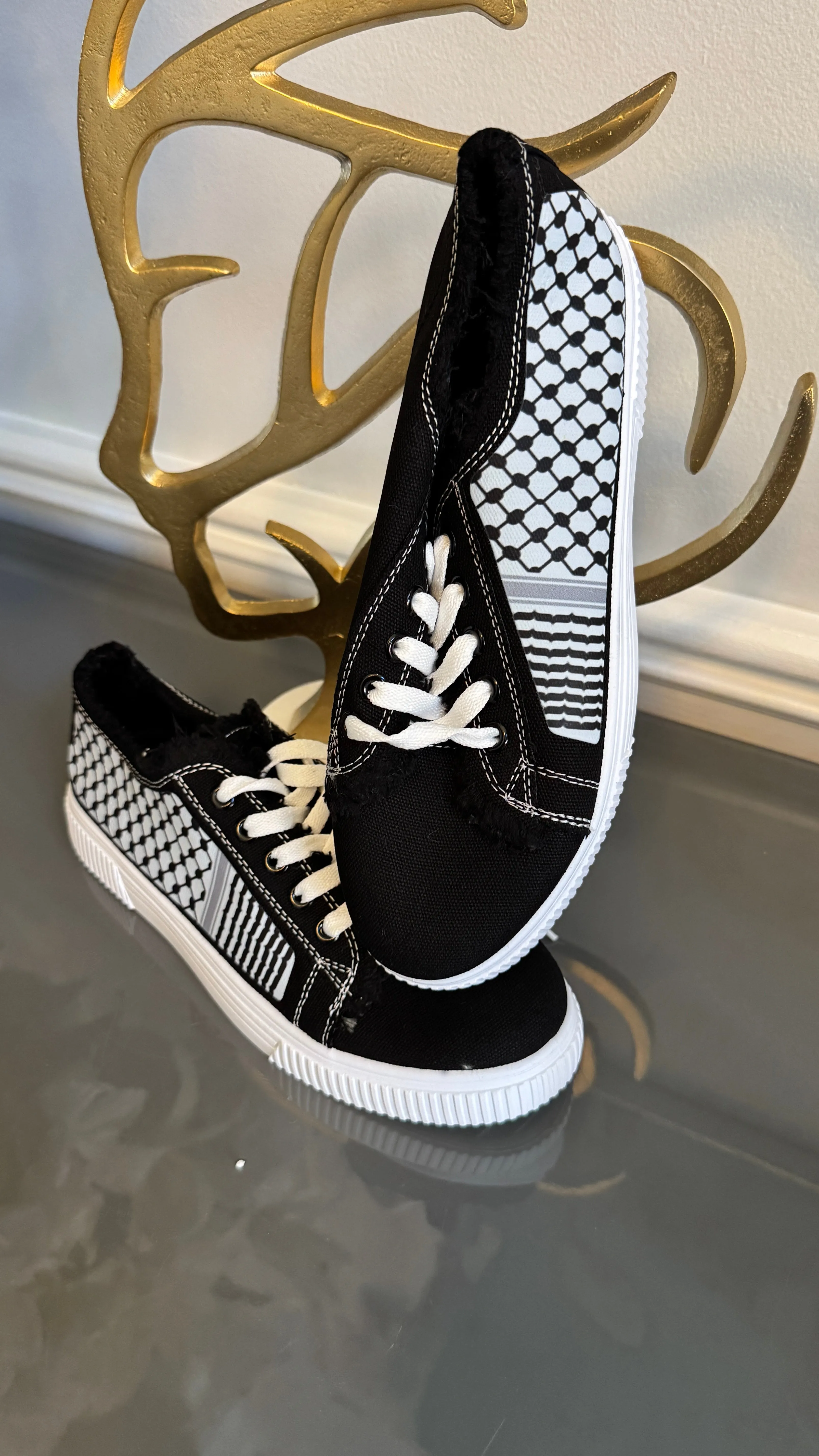 Black and White Canvas Sneakers, designed with black and White keffiyeh Kuffiyeh.