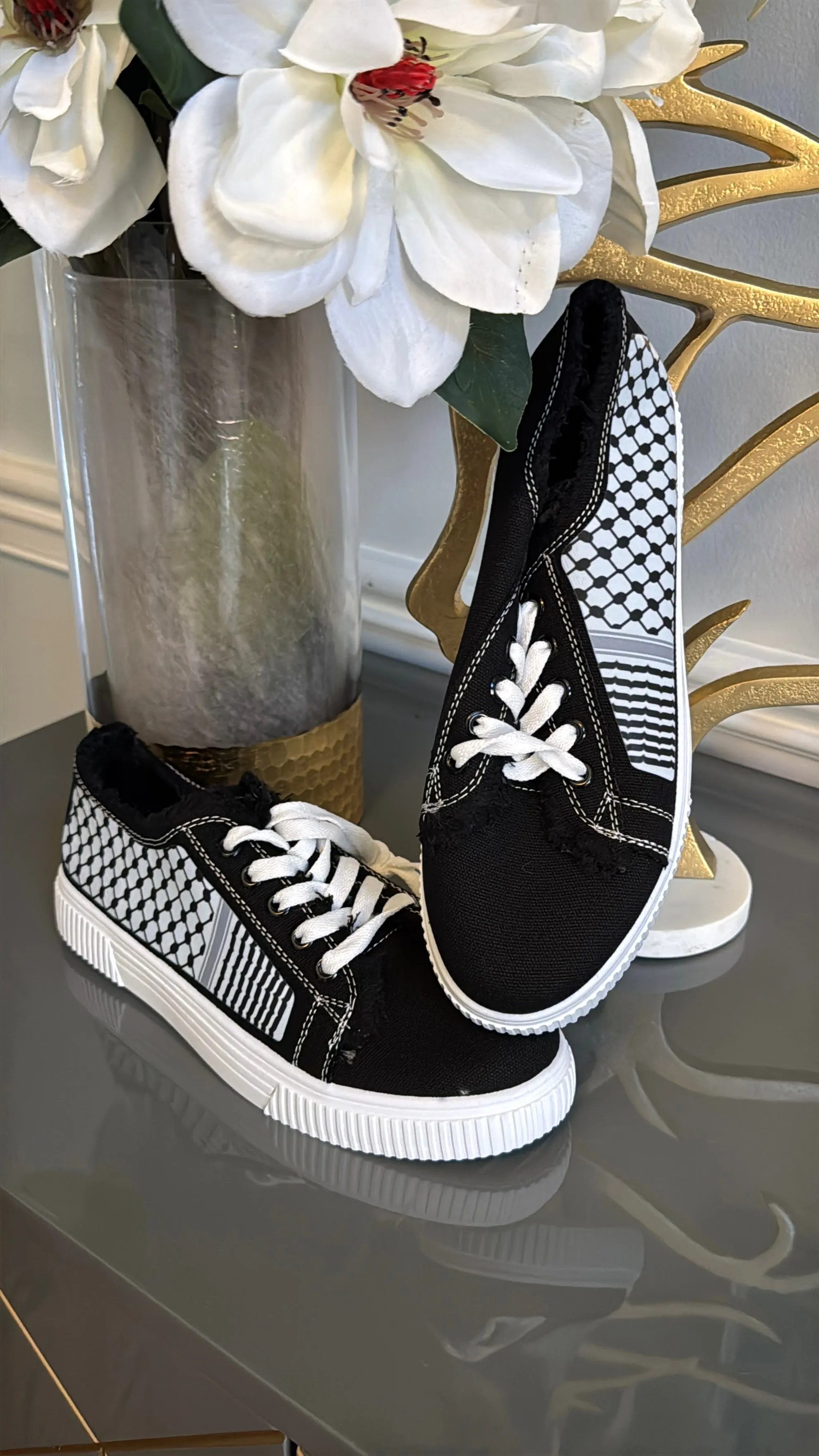 Black and White Canvas Sneakers, designed with black and White keffiyeh Kuffiyeh.