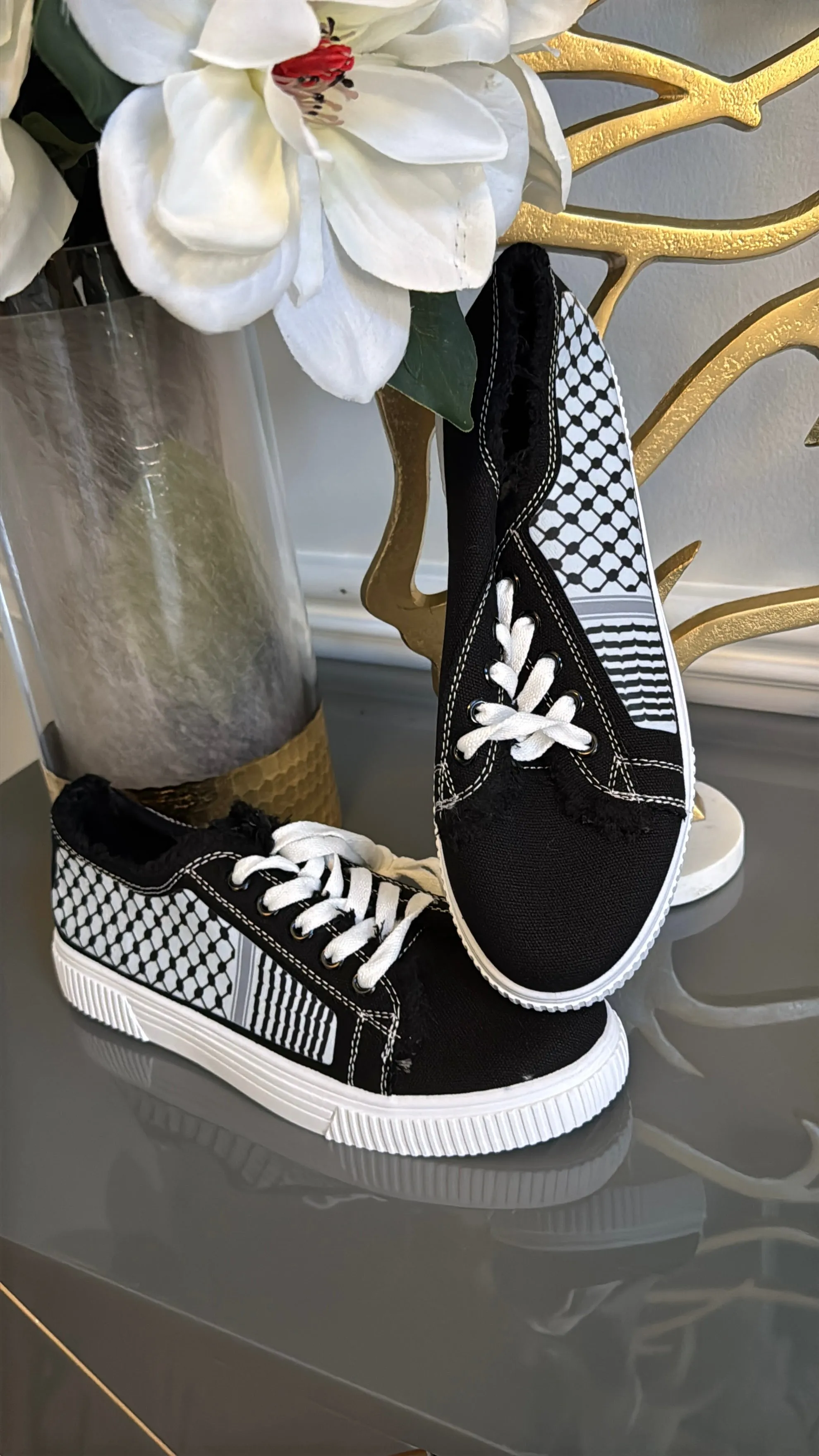 Black and White Canvas Sneakers, designed with black and White keffiyeh Kuffiyeh.