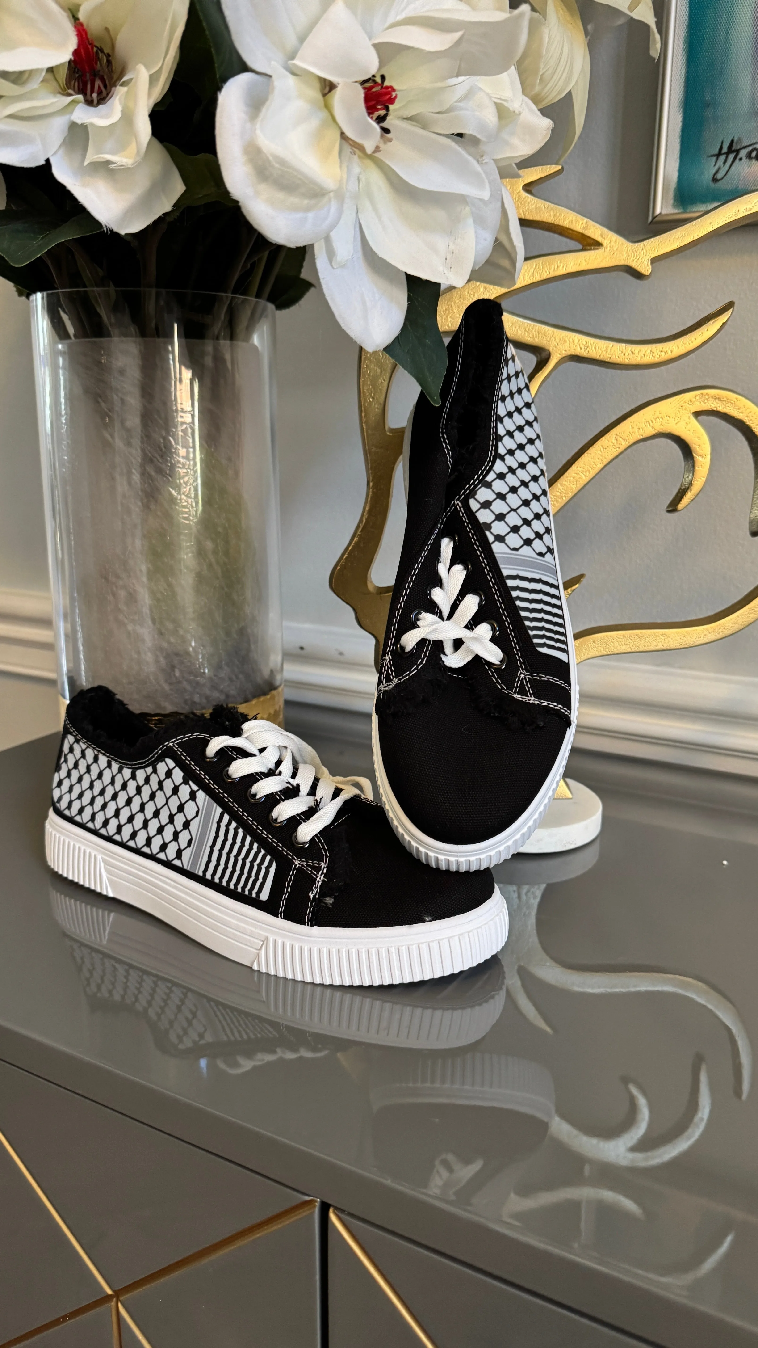 Black and White Canvas Sneakers, designed with black and White keffiyeh Kuffiyeh.