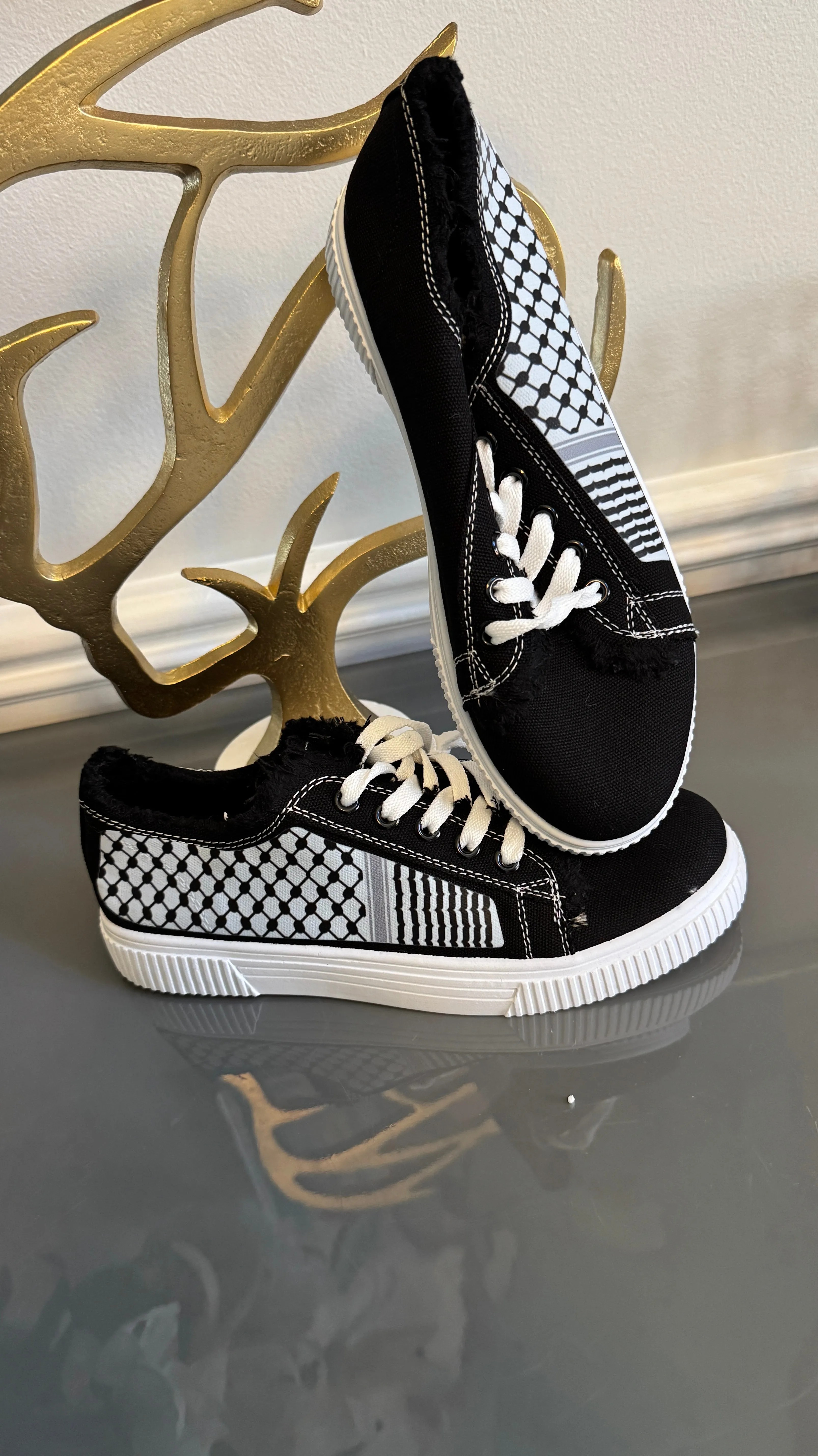 Black and White Canvas Sneakers, designed with black and White keffiyeh Kuffiyeh.