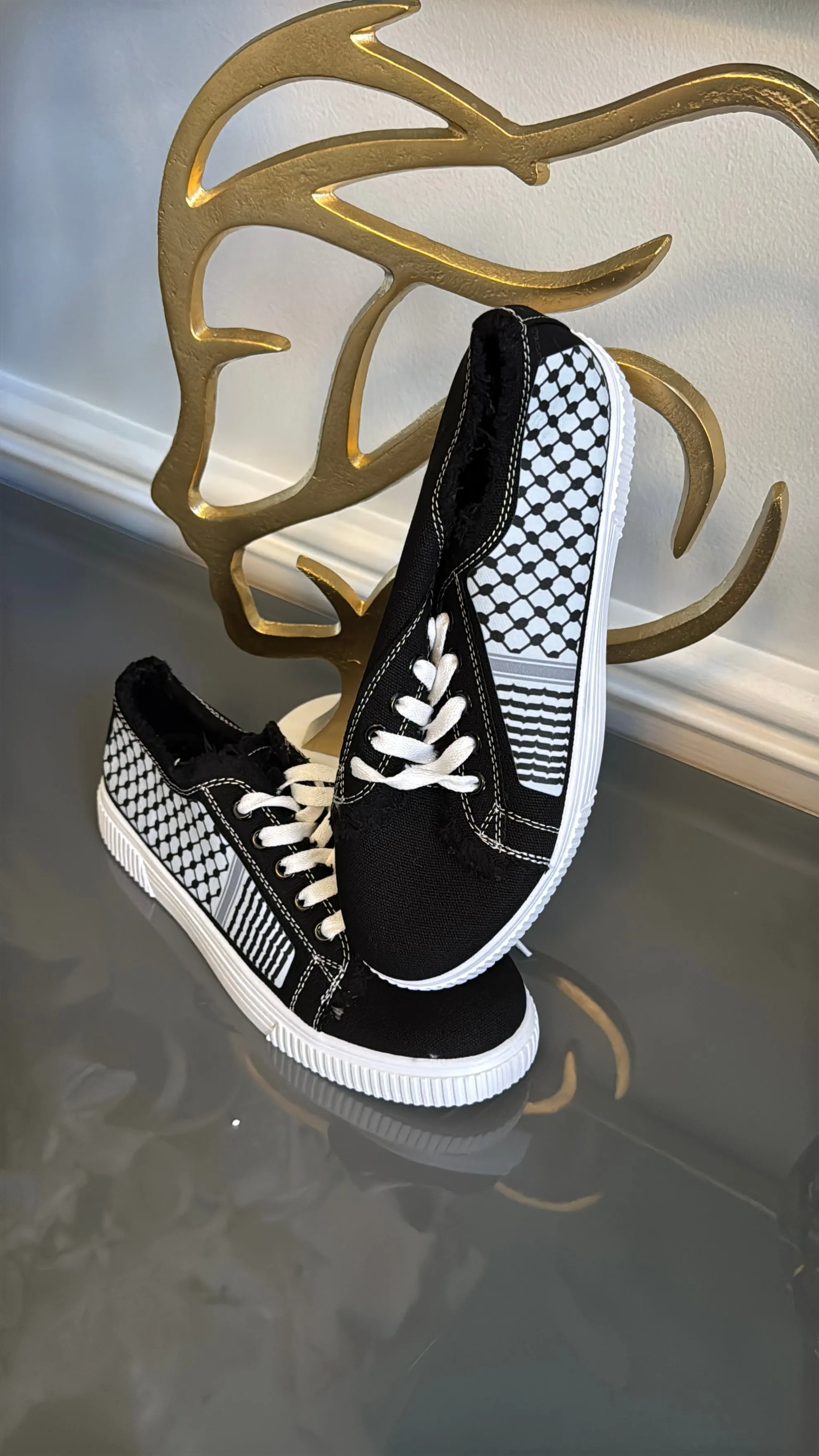 Black and White Canvas Sneakers, designed with black and White keffiyeh Kuffiyeh.