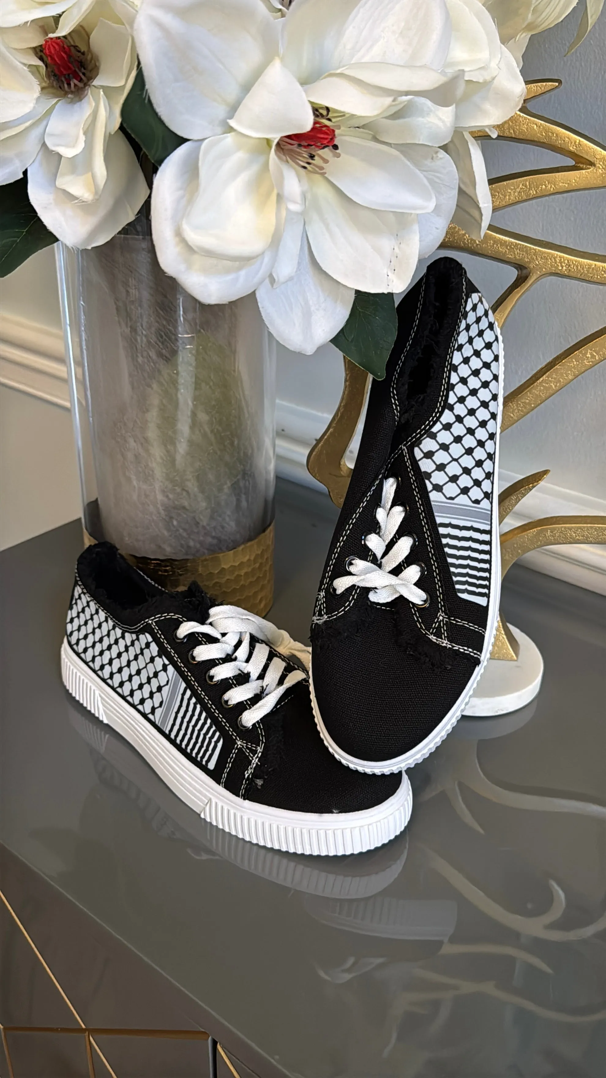 Black and White Canvas Sneakers, designed with black and White keffiyeh Kuffiyeh.