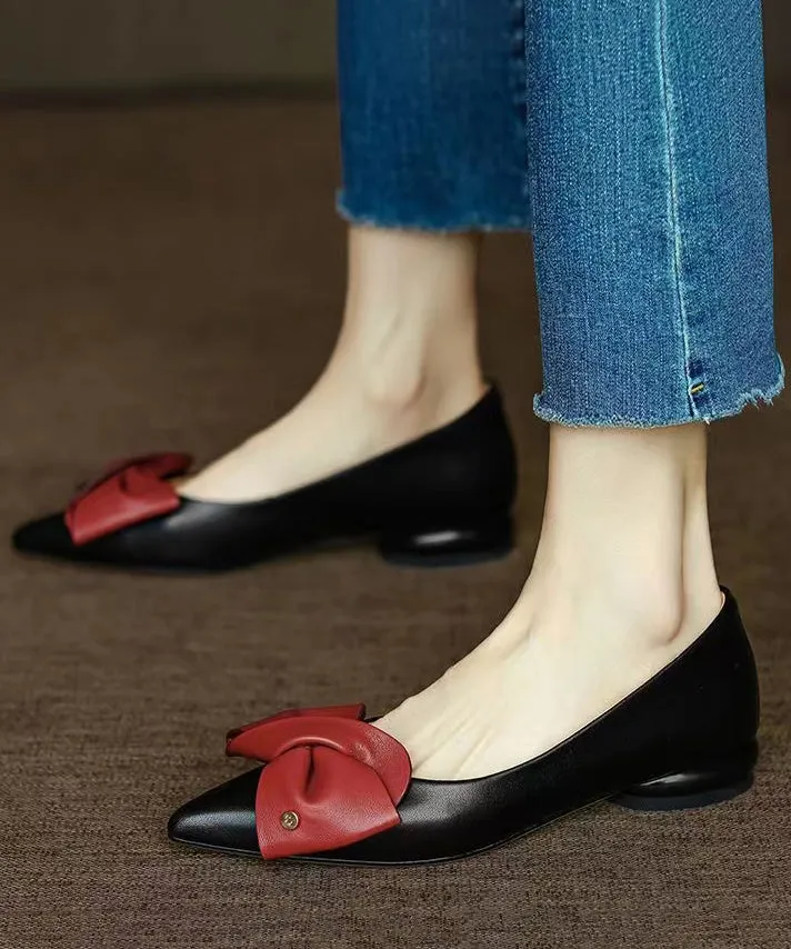 Black Flat Feet Shoes Cowhide Leather Fashion Pointed Toe Bow RT1016