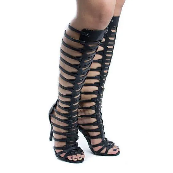 Black Leather Cutout High Heel Knee High Sandals