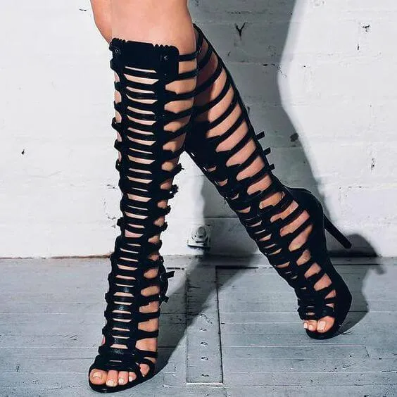 Black Leather Cutout High Heel Knee High Sandals