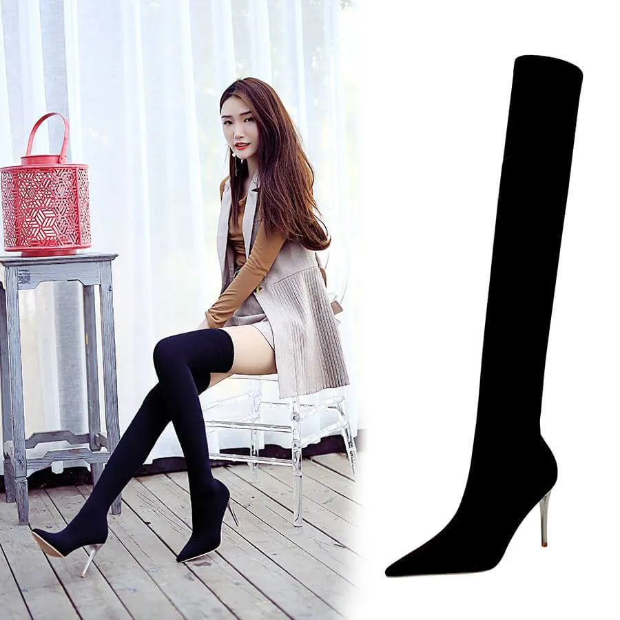 Black Point Toe Plain Stretch High Heel Over Knee Boots