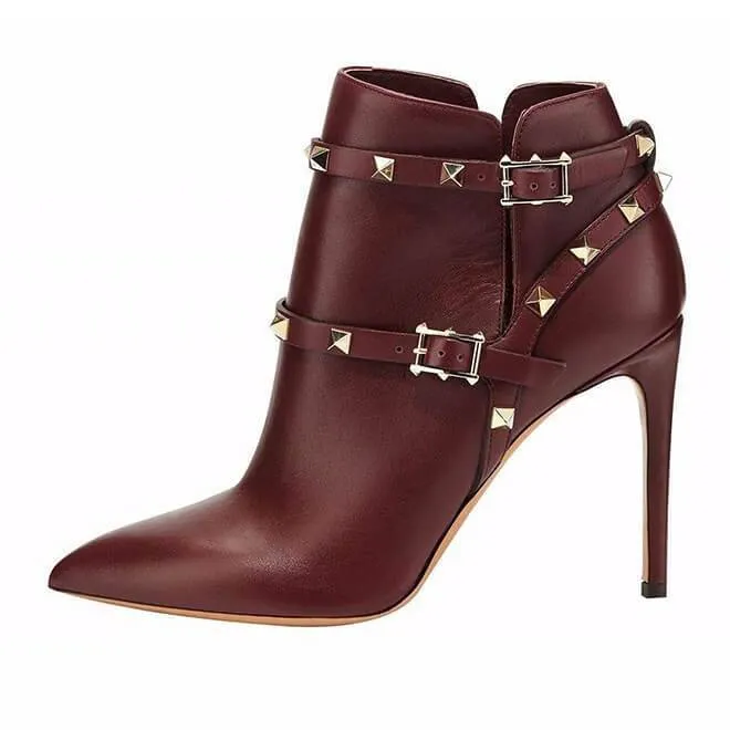 Buckle Rivet High Heel Ankle Boots