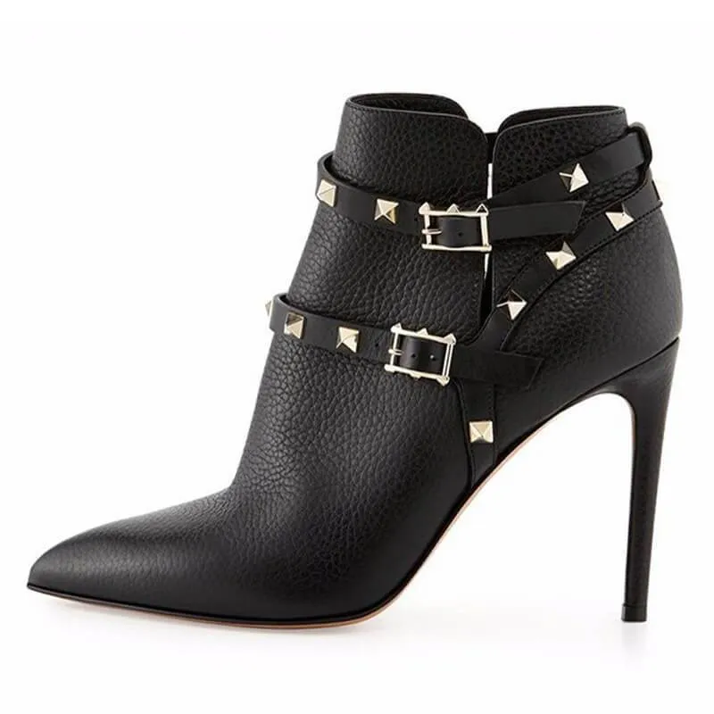 Buckle Rivet High Heel Ankle Boots