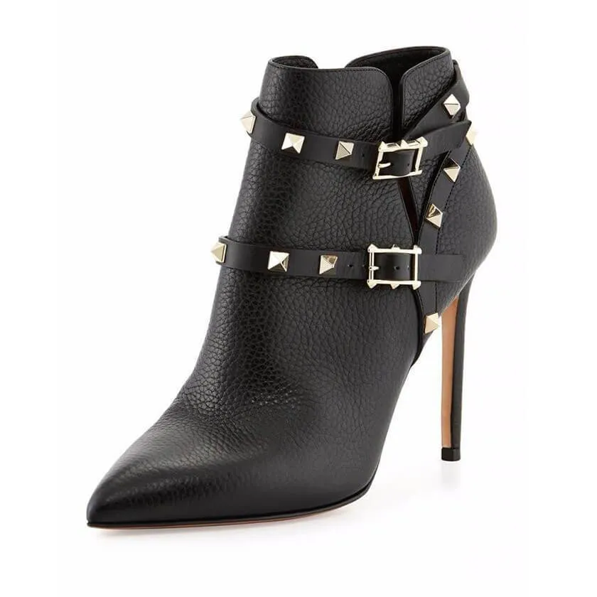 Buckle Rivet High Heel Ankle Boots