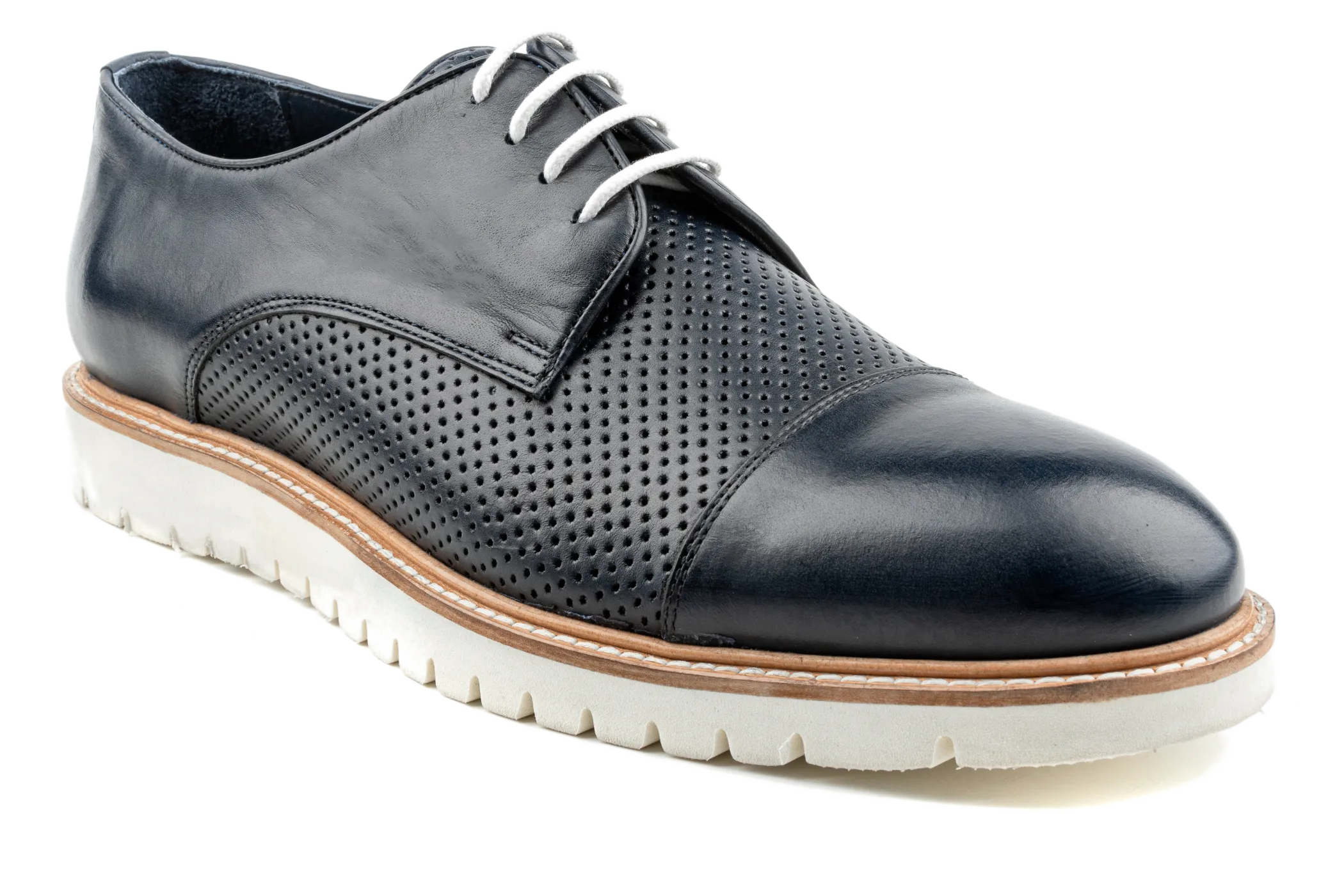 Debbano Rex Lug Sole Derby Shoes, Top Grain Leather Spring & Summer Derby Shoes That Feel Like Sneakers, Breathable Perforated Derby Sneakers , Cap Toe Derby Shoes, Navy Derby Shoes for Men