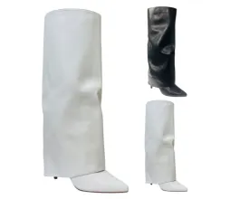 Faux Leather Kneel High Fold Over Stiletto Heel Boots