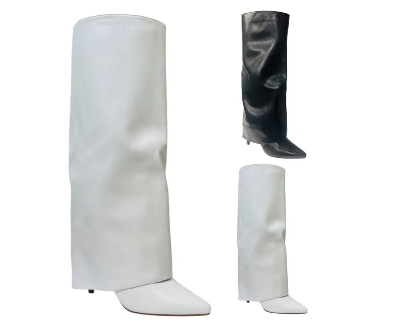 Faux Leather Kneel High Fold Over Stiletto Heel Boots