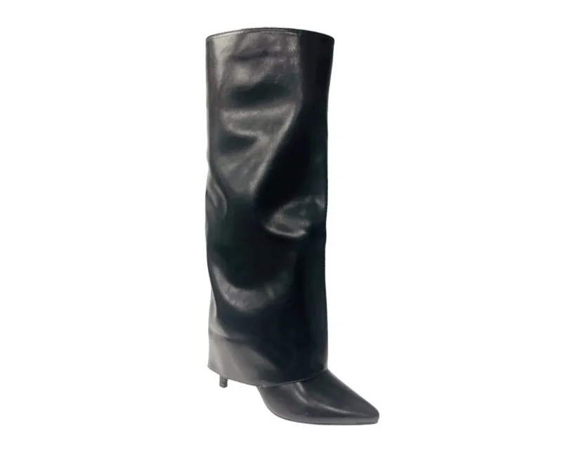 Faux Leather Kneel High Fold Over Stiletto Heel Boots