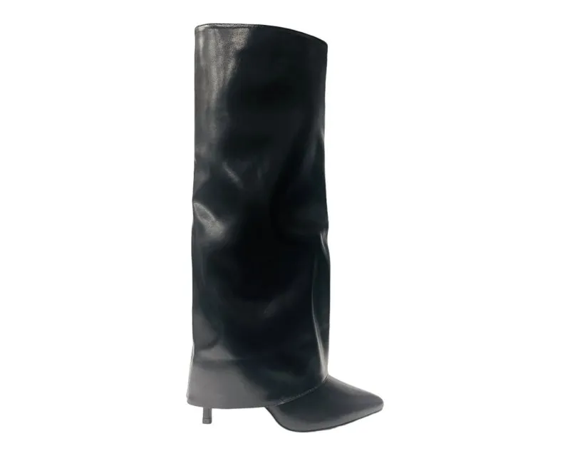 Faux Leather Kneel High Fold Over Stiletto Heel Boots