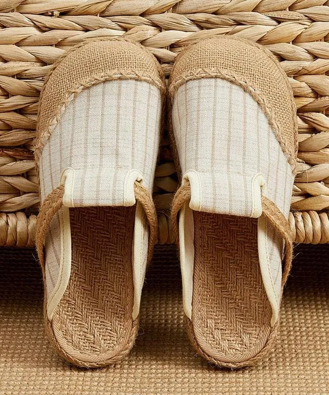 Fitted Slippers Shoes Beige Striped Cotton Linen Fabric