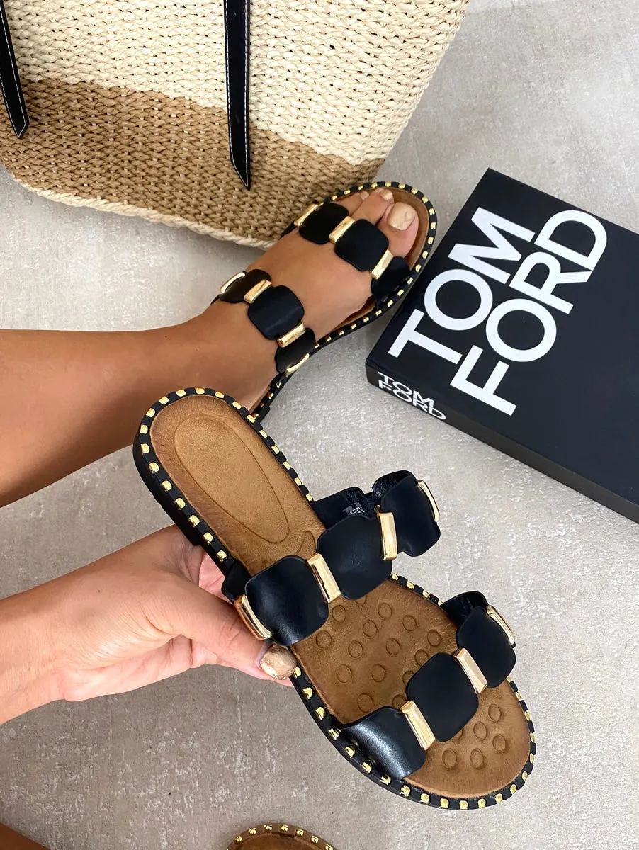 Gold Trim Detail Two Strap Flat Sandals