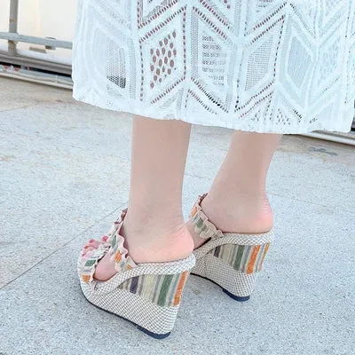 Leather Lace Outer Thick Wedge Heeled Sandals