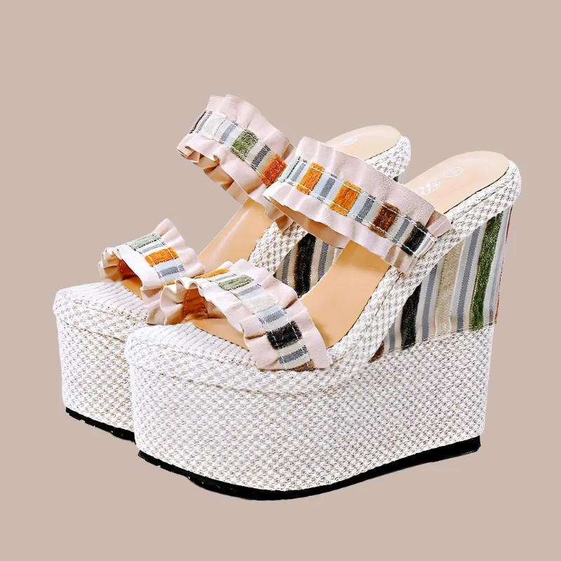 Leather Lace Outer Thick Wedge Heeled Sandals