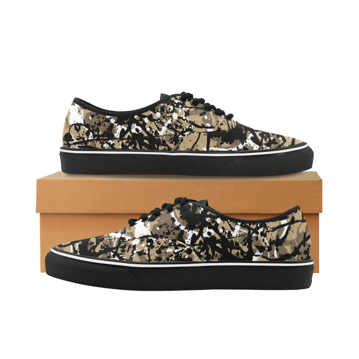 Men's Big Size Coffee Colored Paint Splatter Print Canvas Low Top Shoes