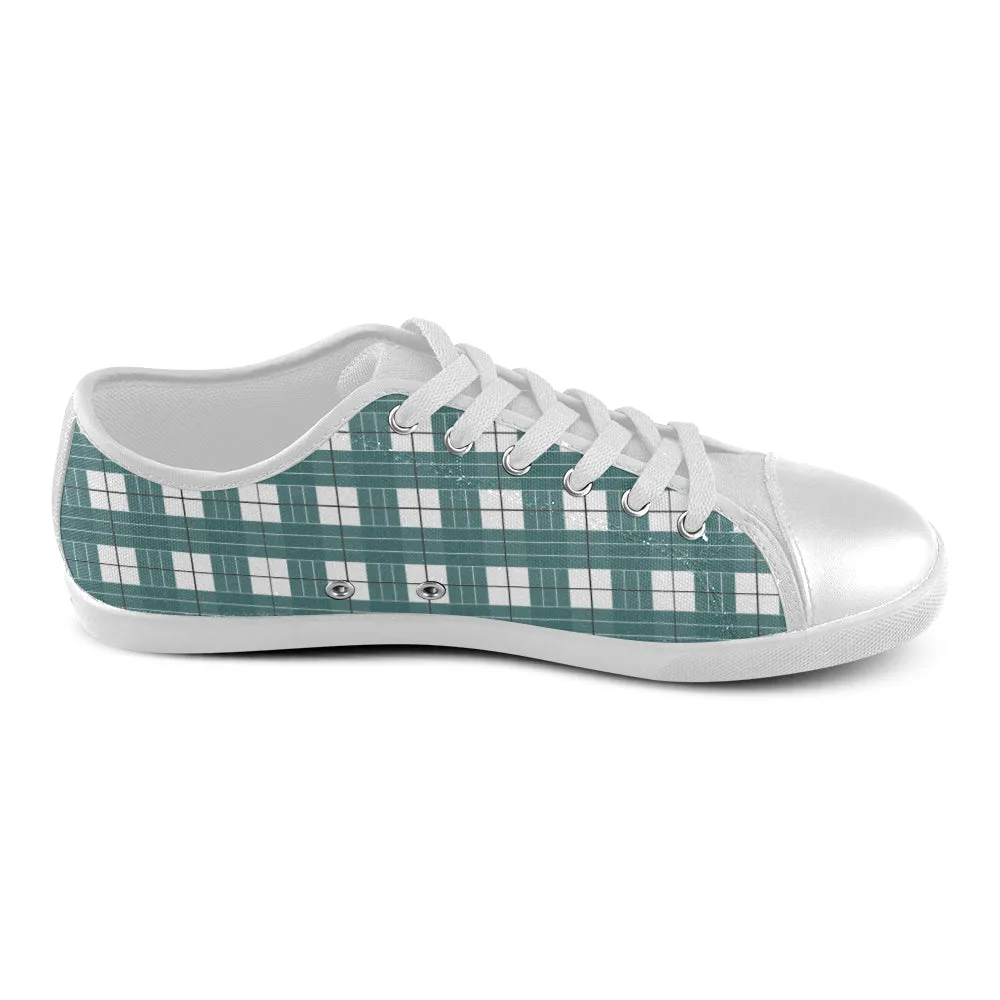 Men's Green White Checks Print Low Top Canvas Shoes