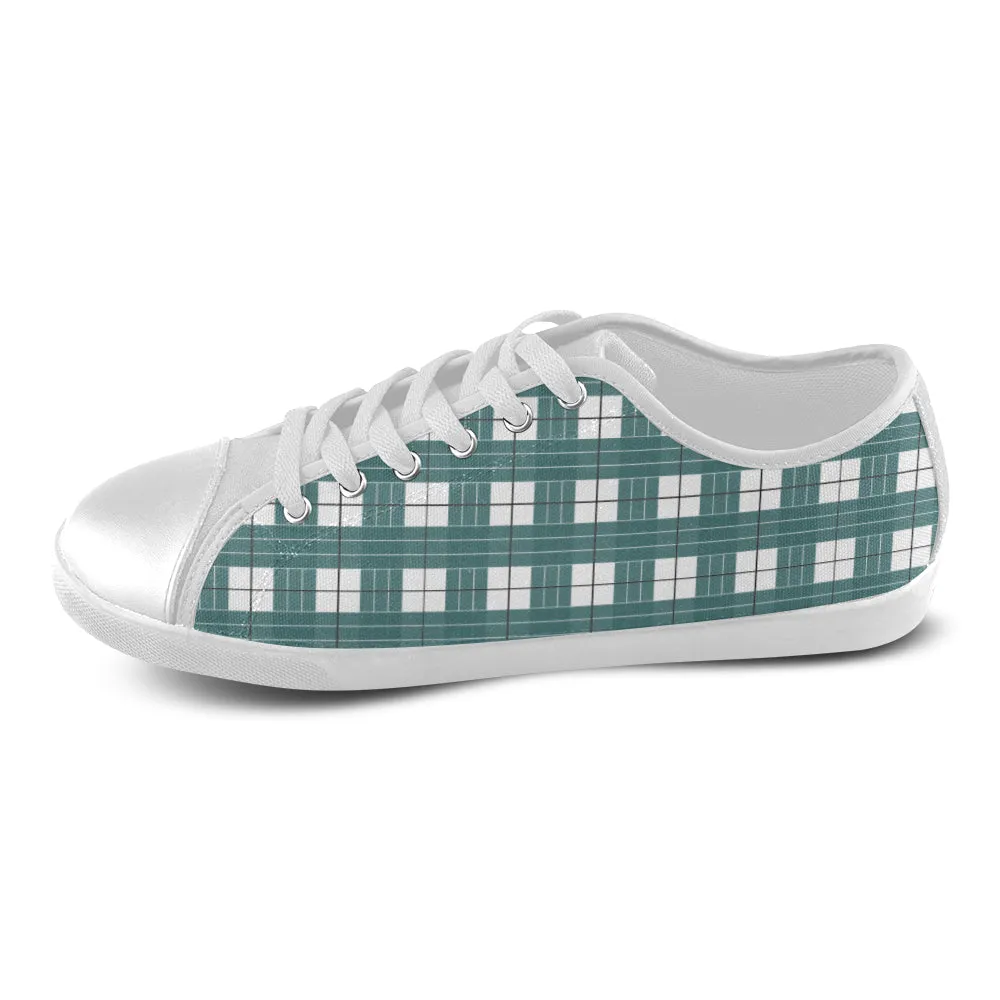 Men's Green White Checks Print Low Top Canvas Shoes