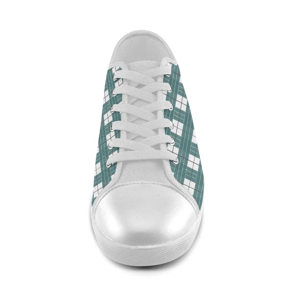 Men's Green White Checks Print Low Top Canvas Shoes