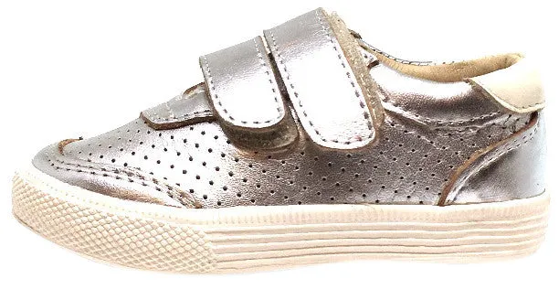 Old Soles Boy's and Girl's R-Racer Perforated Leather Double Hook and Loop Sneakers, Silver