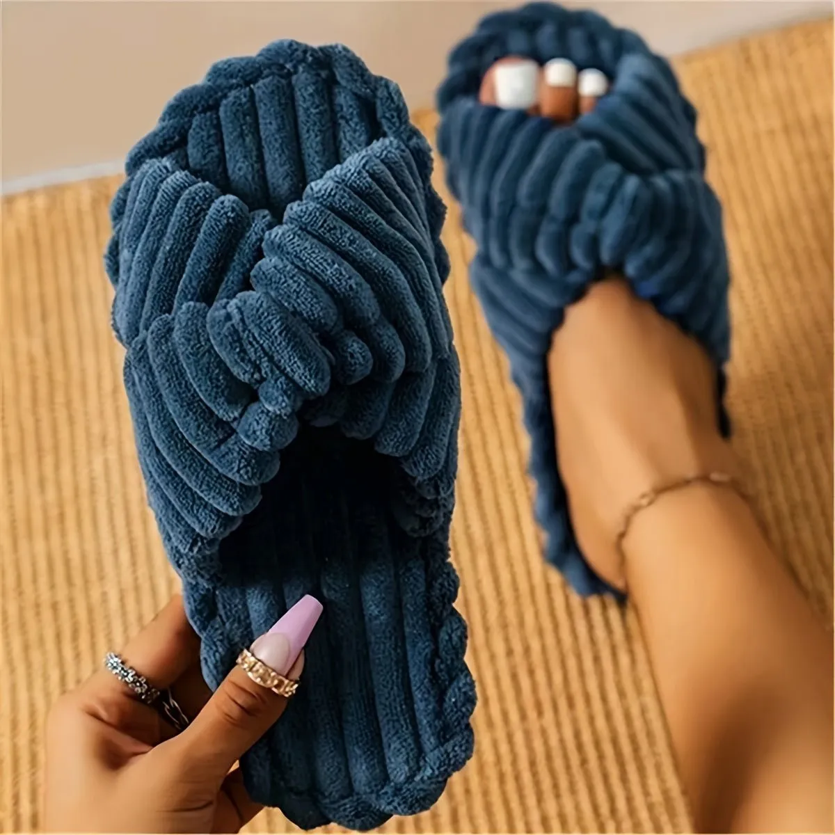 Plush Crisscross Slide Slippers