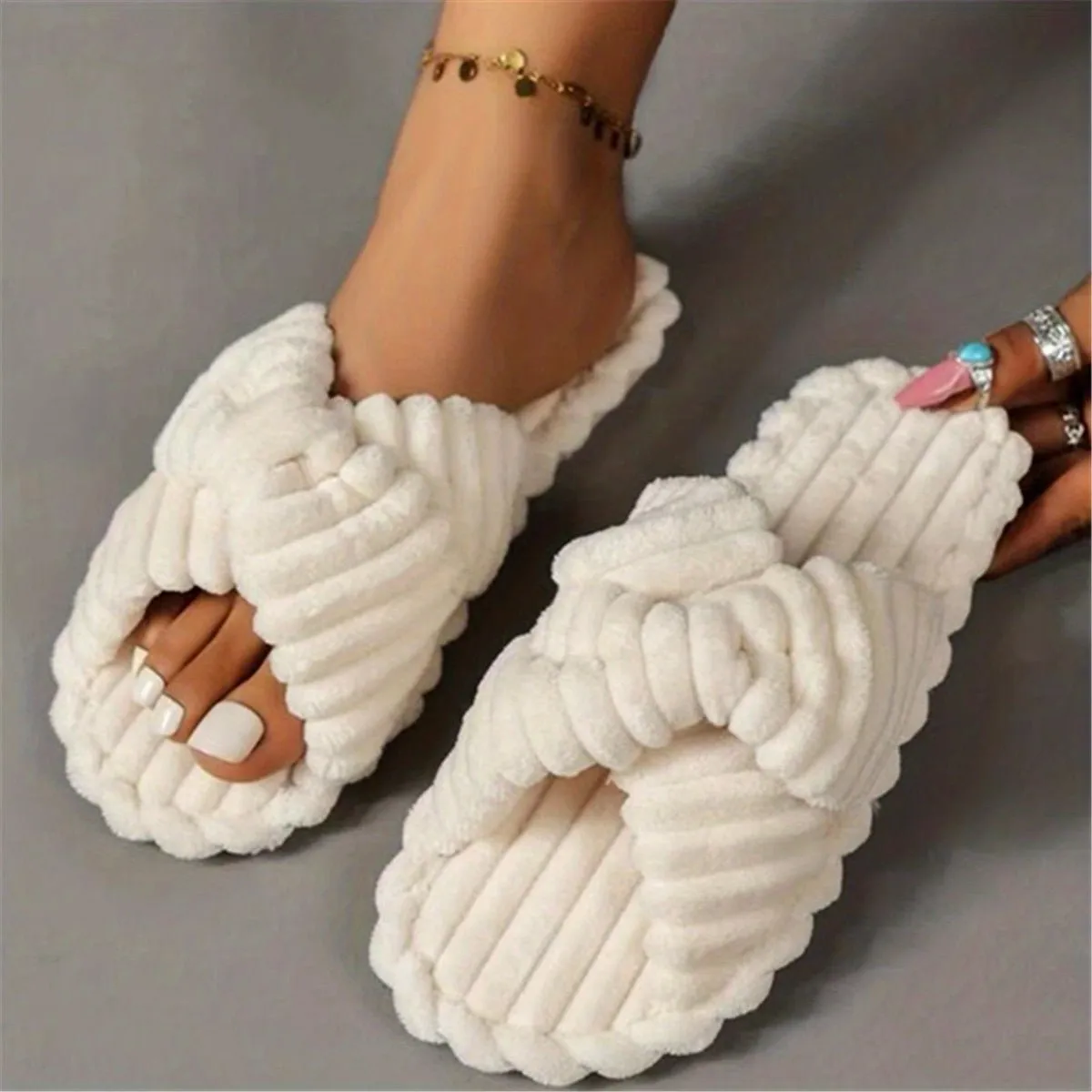 Plush Crisscross Slide Slippers