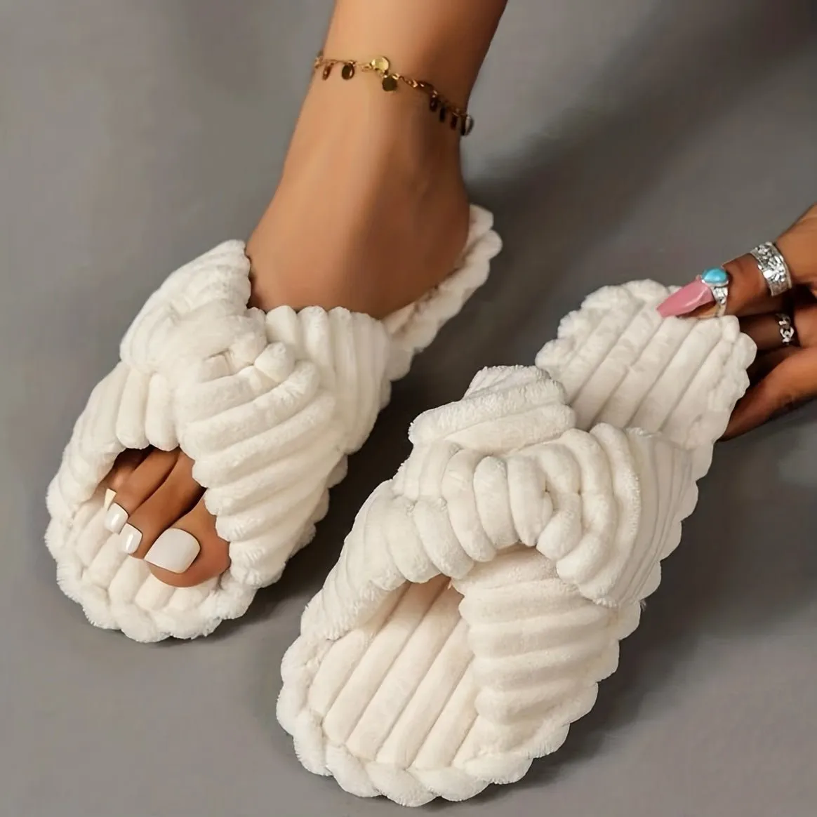 Plush Crisscross Slide Slippers