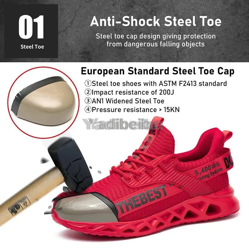 Red Steel Toe Safety Shoes for Men Women Lightweight Work Sneakers Puncture Proof Work Shoes Unisex Coustruction Safety Work Boots