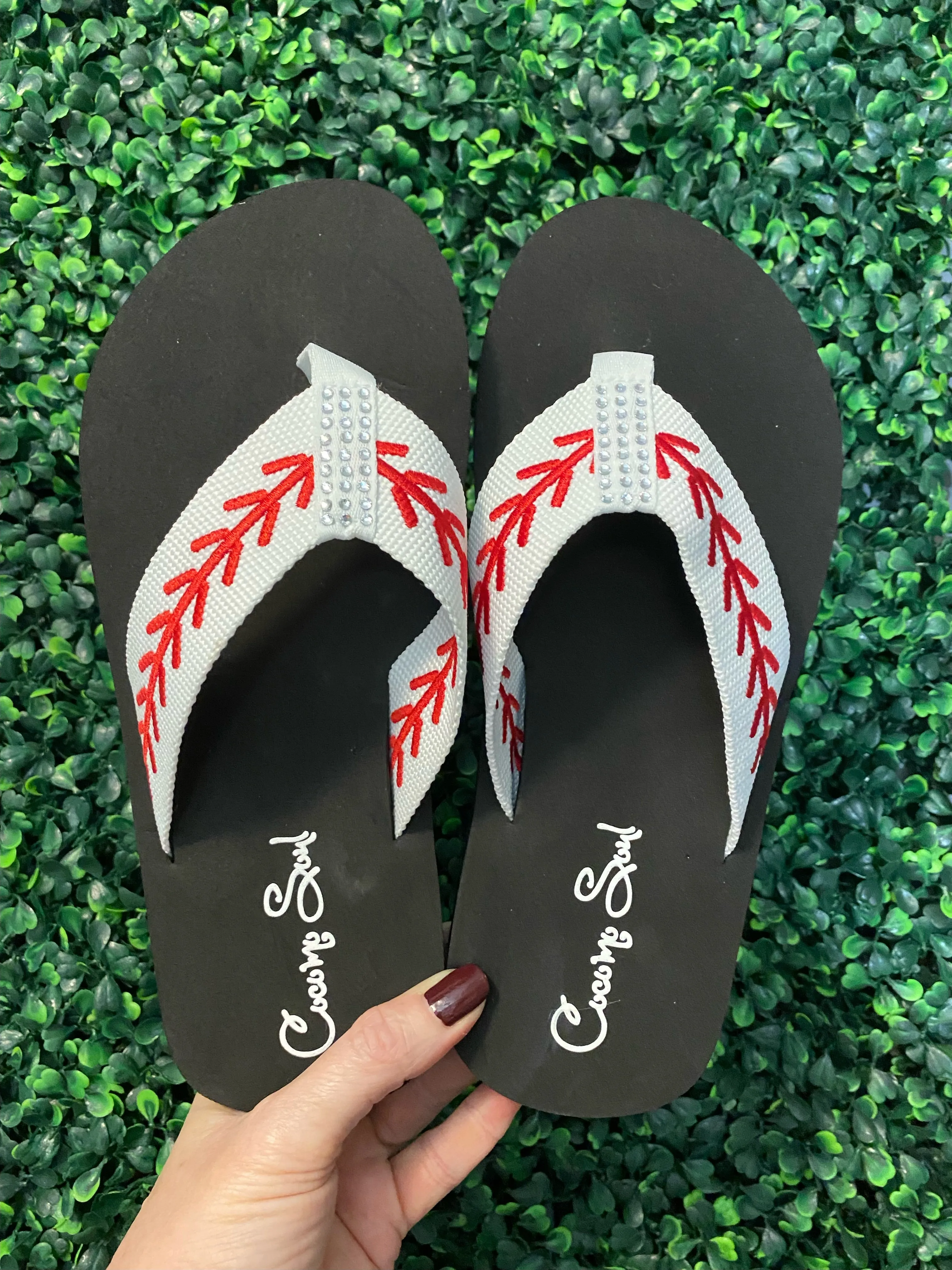 Rhinestone Baseball Embroidered Baseball Flip Flops Sandals Slippers Womens