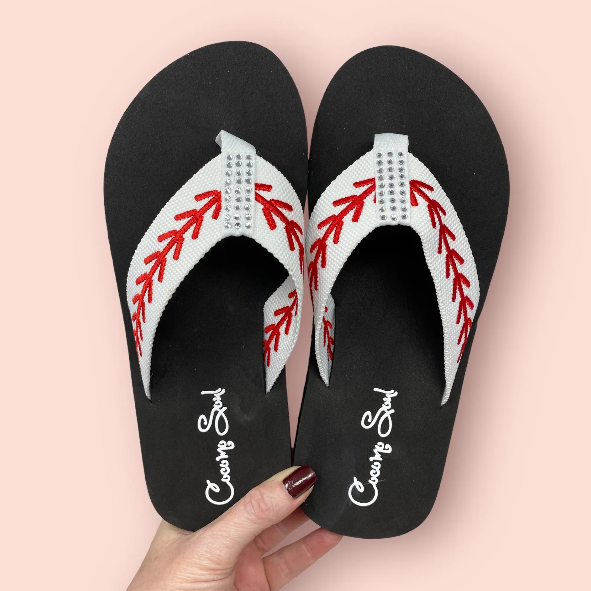 Rhinestone Baseball Embroidered Baseball Flip Flops Sandals Slippers Womens