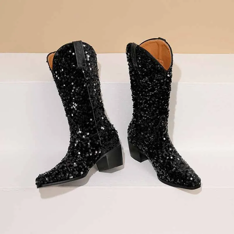 Sequins Pointed Toe Party Boots Twinkling