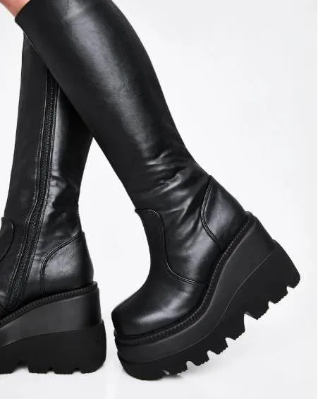 Women chunky platform motorcycle mid calf black boots