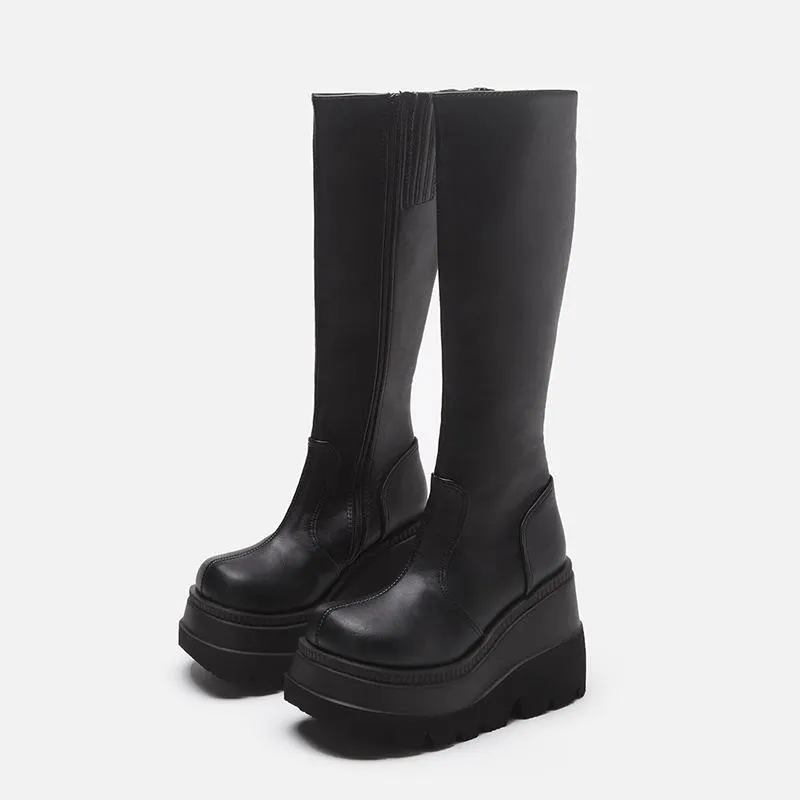 Women chunky platform motorcycle mid calf black boots