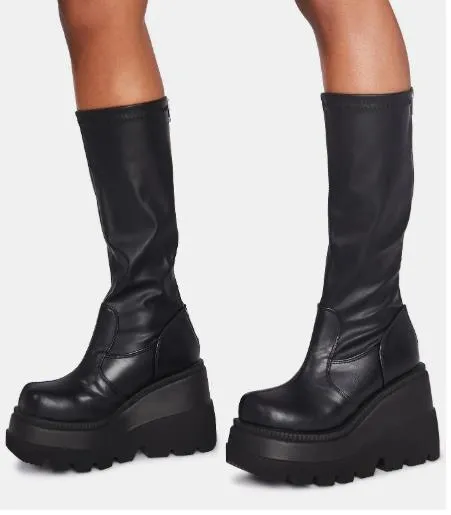 Women chunky platform motorcycle mid calf black boots