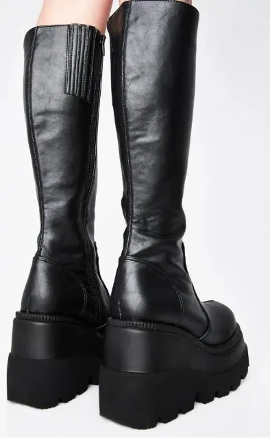 Women chunky platform motorcycle mid calf black boots