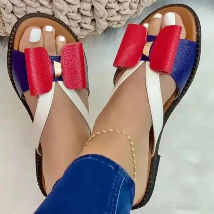 Women color block summer flat slide bow sandals