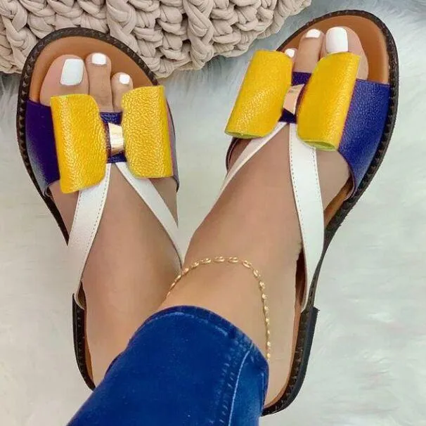 Women color block summer flat slide bow sandals