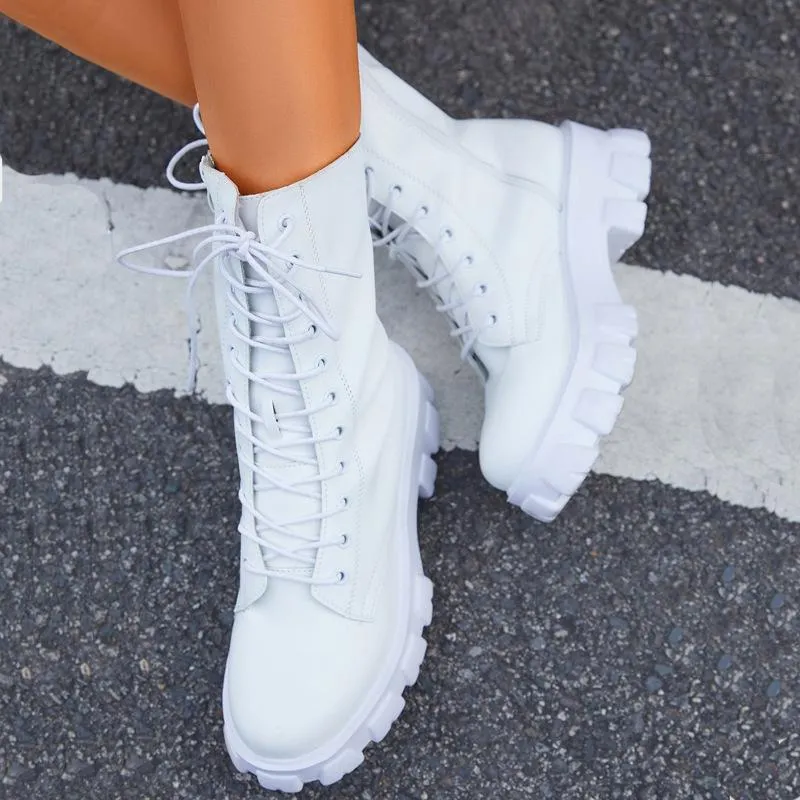 Women criss cross lace up side zipper chunky platform combat boots