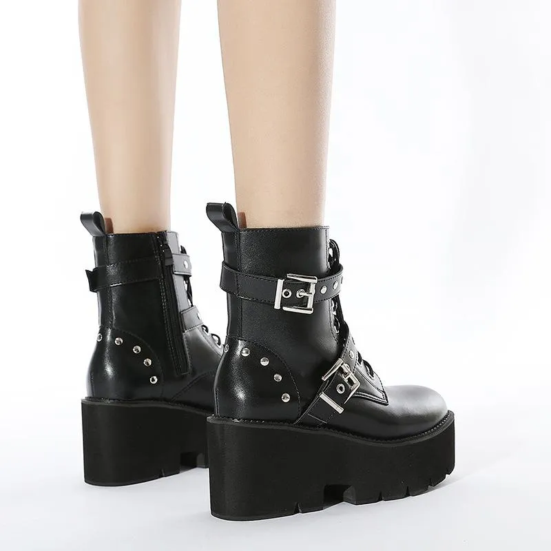 Women prom chunky platform studded buckle strap lace up black boots