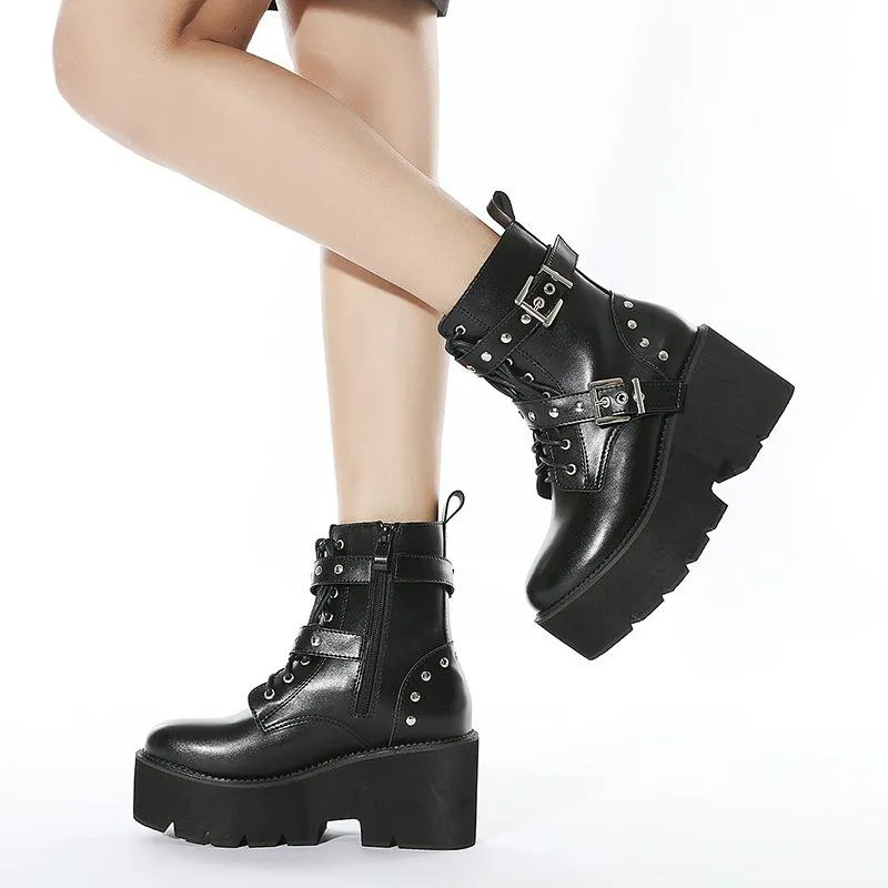 Women prom chunky platform studded buckle strap lace up black boots